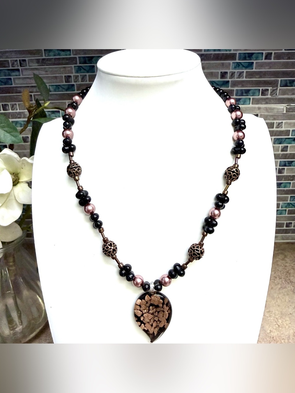 Art Glass Pendant Necklace Black Pink Pearl Style Beads Antique Bronze Filigree